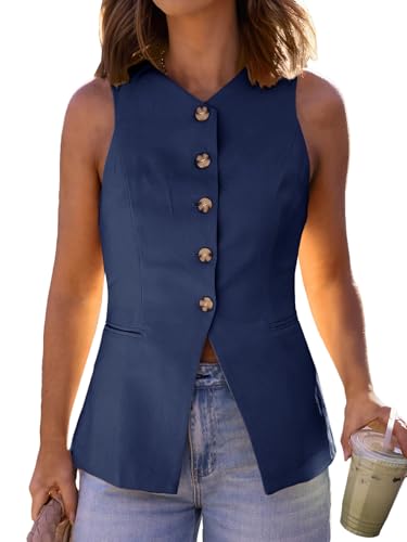 Mina Self 2025 Womens Summer Sleeveless Blazer Vest Lightweight Button Down V-Neck Casual Fashion Work Jacket Pockets