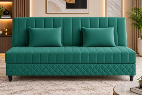 Image of Rosebell Modern 3-Seater Sofa Cum Bed Foldable Velevt Fabric Sofa, Stylish Design for Living Room, Guest Room & Office-Green-Color