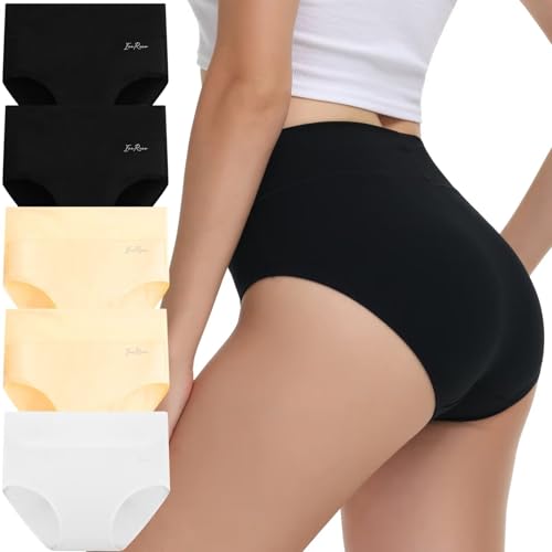 IceReco Slip Donna Cotone Vita Alta Traspirante Pacco da 5 Mutande Donna Cotone Vita Alta Culotte Comode Mutandine Contenitive Elasticizzato Morbide Sexy Mutande Briefs Mutandine Nero Bianco Beige L
