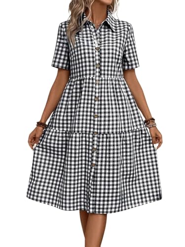 chouyatou Women's Plaid Short Sleeve Button Down Shirt Dress Retro Gingham Button Up Tunic Midi Long Dress