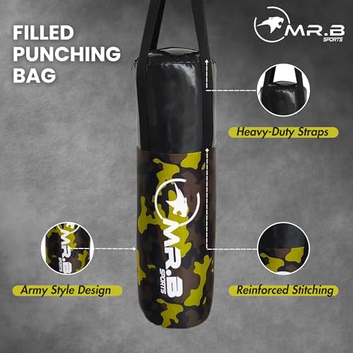 MR.B SPORTS Kids Boxing kit Yellow (Filled Punching Bag, Gloves and Headgear, Age 2-8 Years) (Army Camo Green)