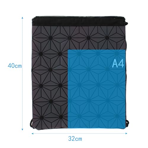 Aisi Unisex PU Leather Holographic Geometric Drawstring Backpack Luminous Gym Backpacks Reflective Sport Travel String Bag, Black, bb-03877-01SS2
