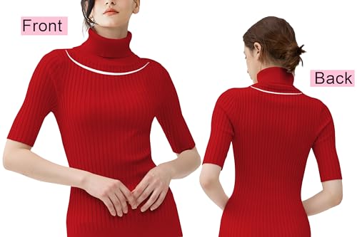 Image of v28 Women Turtleneck 1 /2 Half Sleeve Highly Stretchy Ribbed Knit Fitted Sweater