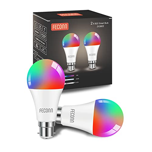 FECONN Zigbee Smart Bulb Bayonet, Compatible with Hue*, Alexa & Google (Hub Required), ConBee, 10W=60W, Dimmable LED B22 Smart Lights, RGBCW, 2 Pack