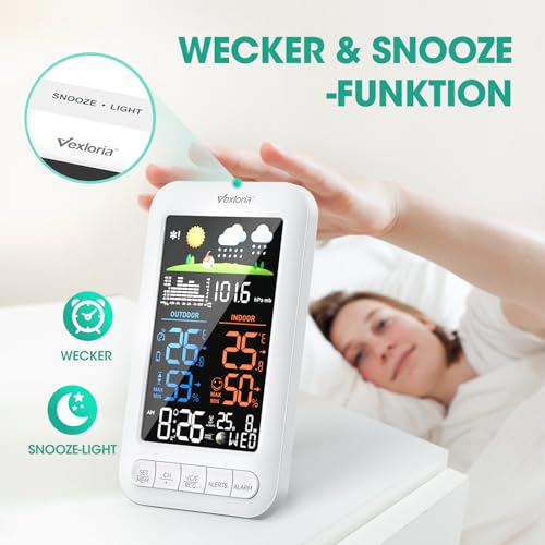 Vexloria EstacióN MeteorolóGica InaláMbrica Con Sensor Exterior, Radio Reloj Digital Dcf, TermóMetro De Interior, HigróMetro De Interior, Pronosticador Del Tiempo, Actualizar VersióN Blanco