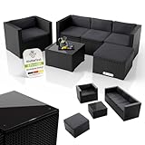 Juskys Polyrattan Lounge Punta Cana L für 4-5 Personen mit 3er Sofa, Sessel, Hocker, Tisch & Kissen, Sitzgruppe für Garten, Terrasse und Balkon, Gartenmöbel Set wetterfest - Schwarz/Grau