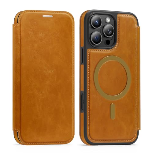 Étui portefeuille iPhone 14 compatible MagSafe marron antichoc et recharge sans fil intégrée