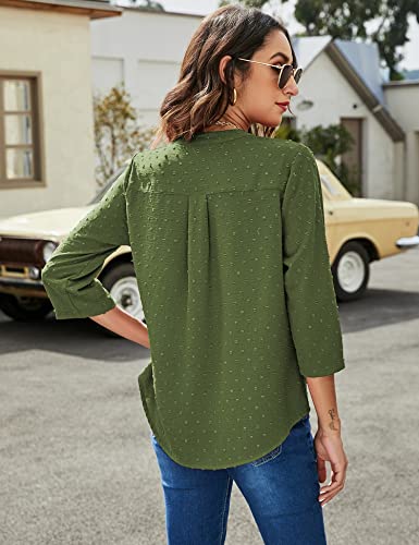 Akewei Women's V Neck Zip Cuffed Sleeve Flowy Short Sleeve Shirts Business Casual Work Tunic Tops Shirts Blouse, Army Green, Xl #TOP3