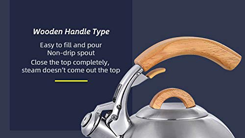 Stainless Tea Kettle ALDEN MAXWELL - Water Kettle For Stovetop - Real Wood Cool Handle Tea Pot For Stove Top - 3 Qt Whistling Water Kettle