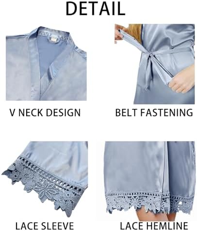 WJing Yi Jia Womens Silk Robe Satin Robe Silky Kimono Lace Bathrobe Wedding Dressing Gown For Bridal Bride Bridesmaid Robes