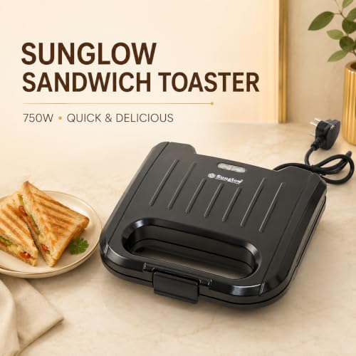 Image of Sunglow Crystal 750 Watt Sandwich Maker, Electric Toaster with Ribbed Grilling Plates, Indicator Lights, Scratch Resistant, 180 Open Griller, Auto Cutoff, 1 Year Warranty, 2 Slices, Black