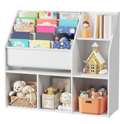 MAHANCRIS Kids Bookshelf with Toy Organizer, Book Shelf for Kids Room, 5-Tier Sling Bookshelf, Toy and Book Storage for Kids, for Kids Room, Living Room, Playroom, Nursery, White KBWT8201