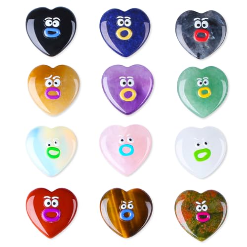 XIANNVXI Herz Steine Emoji Heilsteine Gl&uuml;ckssteine Herz Deko Steine Kristall Emoji Lustige 12 St&uuml;ck Bunte Stein Herzen Gl&uuml;cksbringer Schulanfang Antistress Einschulung Geschenk F&uuml;llung Smiley Geduld