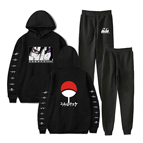 NCTCITY Unisex Trainingsanzug 2 Stück Bekleidungsset Kapuzenpullover Hoodie Top + Lange Hose Sportanzug Anime Druck Jogginganzug Mit Tasche Uchiha Sharingan Ninjia Cover