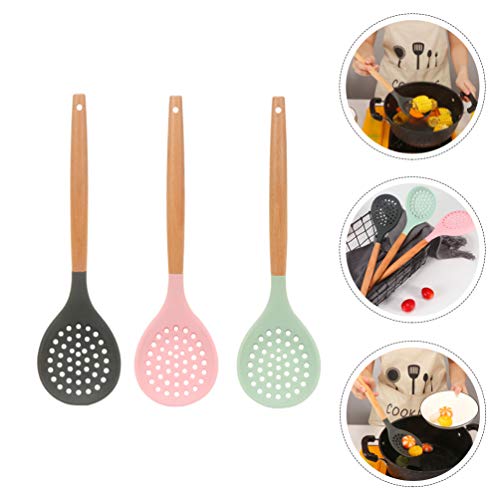 Cabilock 3Pcs Kitchen Silicone Skimmer Slotted Spoon Cooking Utensils With Wood Handle (Grey,Pink,Green) #TOP3