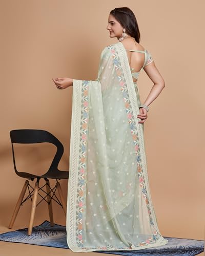 Image of VAIRAGEE Women Soft Organza Embroidery Traditional Flower Pattern Beautiful saree with unstitched blouse piece (6159)