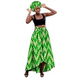 Maxi Jupe pour femme - Élégantes - Avec foulard - 2 pièces - Décontractée - Jupe traditionnelle en tulle - Robe africaine - Jupe tendance avec imprimé africain - Taille haute - Costume Ankara, O Vert