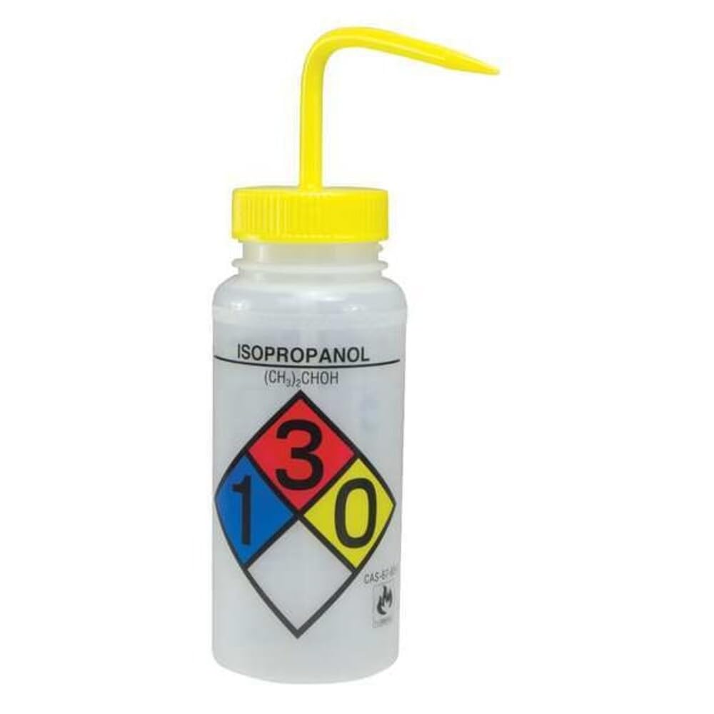 SP Bel-Art Safety-Labeled 4-Color Isopropanol Wide-Mouth Wash Bottles; 500ml (16oz), Polyethylene w/Yellow Polypropylene Cap (F11716-0008), Natural (