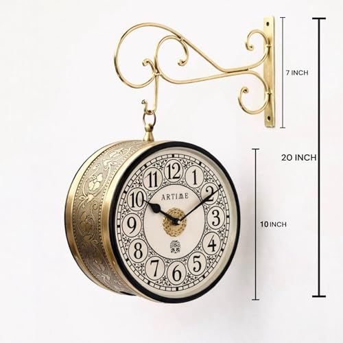Image of Handcrafted Double Side Metal Analog Vintage Wall Clock | 1.5 Year Machine Warranty | 10 INCHES | 1 Side Number 1 Side Roman,Color Golden