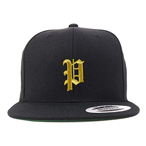 Trendy Apparel Shop Old English Gold P Embroidered Snapback Flatbill Baseball Cap - Black