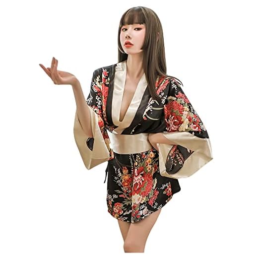 Disfraz de kimono japonés tradicional para mujer, estilo kimono, pijama sexy - negro - Large