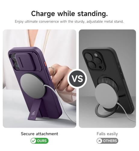 Image of SURITCH for iPhone 15 Pro Case with Magnetic Camera Slide Cover and Adjustable Kickstand, Compatible with MagSafe, Shockproof Bumper Case Slim Protective Cover 6.1 Inch, Dark Purple