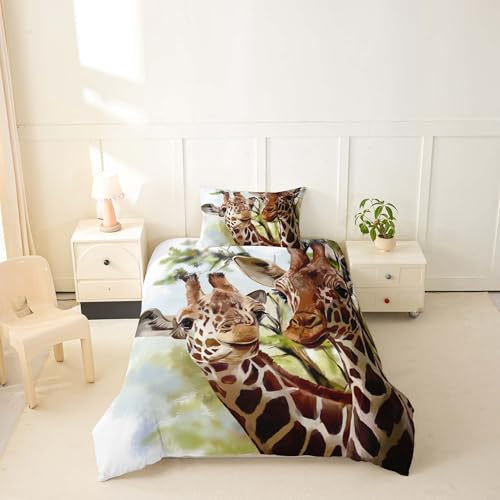 feelingyou Zwei Giraffen Bettwäsche-Set Grüne Baumblätter Bettwäsche Set 135x200cm Ölgemälde Betten Set für Kinder Jungen Mädchen Teenager… – Ansicht 6