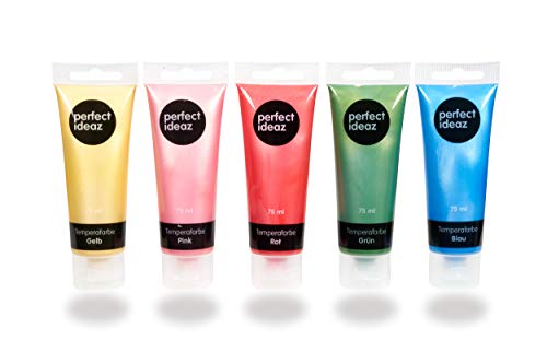 perfect ideaz Kit di Colore Tempera perlescente colorato da 5 x 75 ml, 5 Diversi Colori da Pittura creativi in tubetto, Elevata Percentuale di pigmenti, Altamente Coprente & ad Asciugatura Rapida