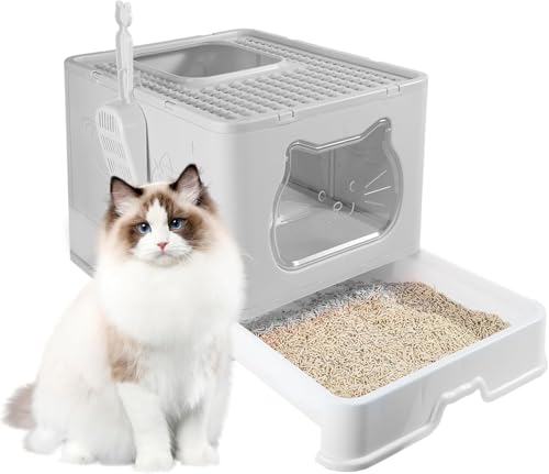 Geschlossene Katzentoilette mit Haube - XXL Katzenklo (50x40x38cm) aus PP/PC | Geruchsfreies Katzenklo mit Schublade & hoher Geruchskontrolle in Grau