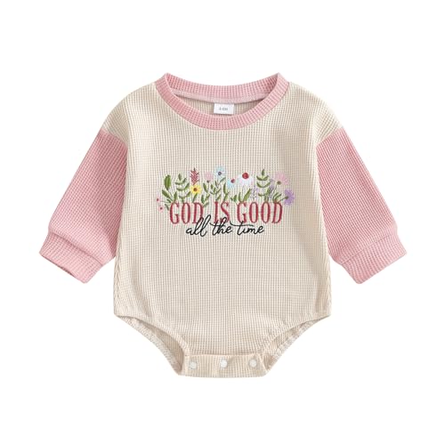Baby Girl Christian Clothes God is Good Flower Embroidery Bubble Romper Waffle Long Sleeve Bodysuit Fall Outfits