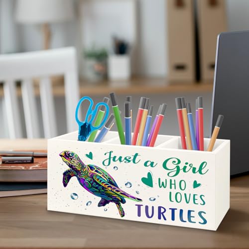 Image of Gifts for Turtle Lovers Wooden Pen Pencil Holder for Classroom Office Desk Accessories, Sea Turtle Gifts for Women Girls, Just a Girl Who Loves Turtles Makeup Brush Toothbrush Holder Organizer