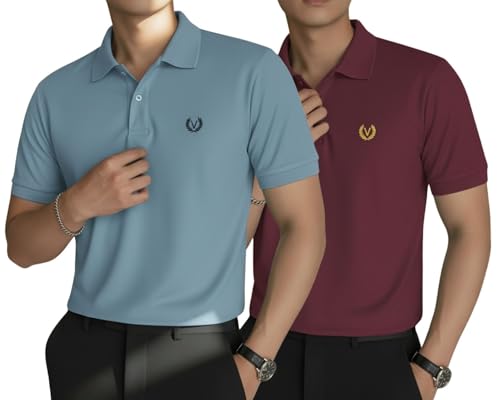 Image of MACK JONNEY Men's Solid Polo T-Shirt | Premium Cotton Blend | Regular Fit | Short Sleeve | Collared Casual Wear|Pack of 2 -MJ-157