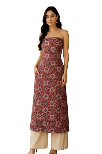 Image of Ethnics of Kutch Women's Ajrakh Modal Silk Natural Dye Hand Block Print Unstitched Kurta Fabric Mtr Length (2.5 Mtrs - Red 0640AC)