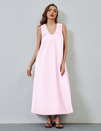 Image of MISSACTIVER Women's Sleeveless Maxi Dress Scoop Neck Ruched Long Dress with Side Pockets Wide Shoulder Elegant Blouse Dresses