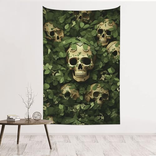 Tapisserie crâne et feuilles en velours de pêche vert 152x101 cm