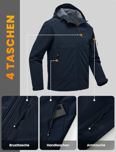 Rdruko Softshelljacke Herren Wasserdicht Gefütterte Winterjacke Funktionsjacke mit Fleece Outdoorjacke Winddichte Freizeitjacke für Wandern Fahrrad Camping(Dunkelblau, L)