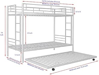 S. K. MODERN ART Metal Bunk Bed for Adults with Trundle Without Mattress (White Powder Coated, 3 x 6.5 feet)