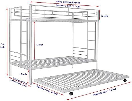 S. K. MODERN ART Metal Bunk Bed for Adults with Trundle Without Mattress (White Powder Coated, 3 x 6.5 feet)