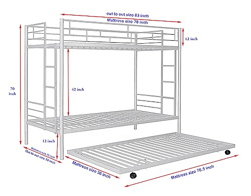S. K. MODERN ART Metal Bunk Bed for Adults with Trundle Without Mattress (White Powder Coated, 3 x 6.5 feet)