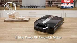 Tower T27021 4 Slice Deep Fill Sandwich Maker with Extra-Deep, Non-Stick Ceramic Coated Plates, Automatic Temperature Control, 1600W, Black