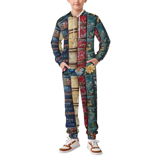 Boy's Girl's Hooded Tracksuit Pullover Sweatshirt Jogging Pants Sweatsuit, Books Lovers Flower Patterns Art