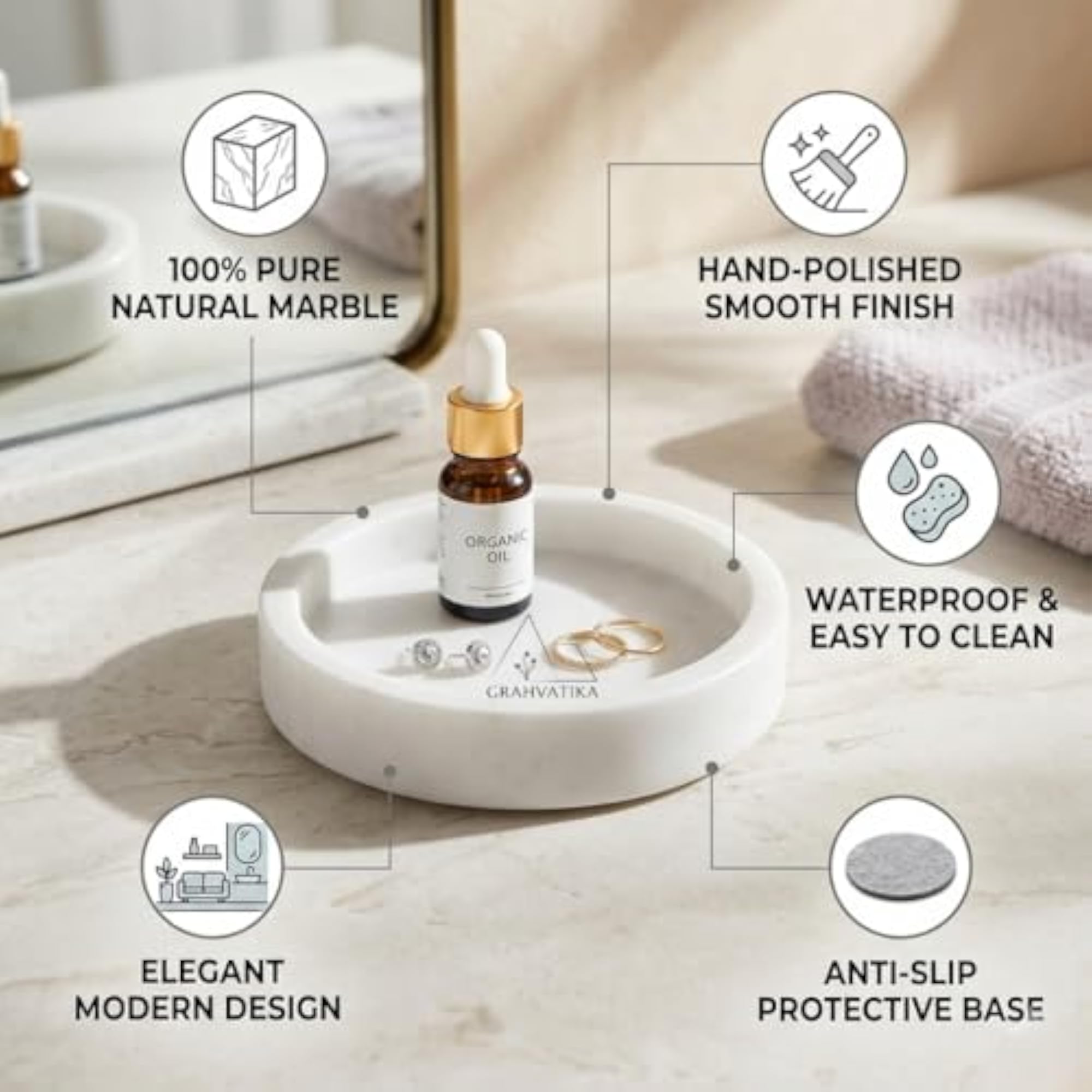 Round White Marble Decorative Tray for Jewellery & Accessories
