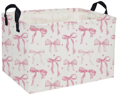 Image of Pink Baskets Girls Basket Rectangular Cute Storage Bin for Room Decor(Pink bownot)