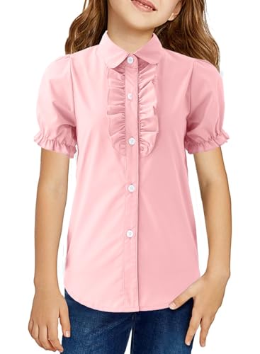 Image of Girls Short Sleeve Button Down Shirts Ruffle School Uniform Crop Tops Peter Pan Collar Plaid Blouse 4-13Y