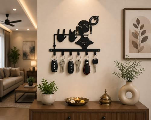 Image of Ventuos Metal Wall Mounted Key Holder with 6 Hooks, Krishna Design, Key Organizer for Home Office Bedroom Entryway