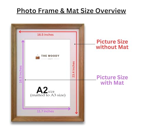 Image of A3 Size Wooden Photo Frame with Mat, Brown Photo Frame for Wall Decoration, Home Decor for Wall Hanging, Best Wooden Photo Frame for Posters and Photos (A2 Size Matted to A3 Size)