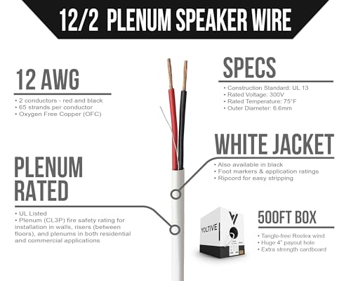 Voltive 12/2 Plenum Speaker Wire - 12 AWG/Gauge 2 Conductor - UL Listed Plenum Rated (CL2P/CL3P/CMP) - Oxygen-Free Copper (OFC) - 500 Foot Bulk Cable Pull Box - White