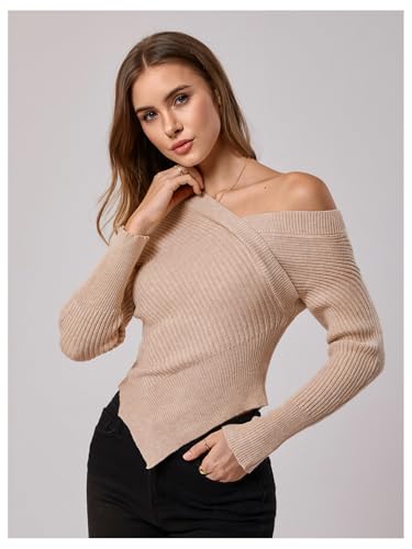 Image of MakeMeChic Women's Off The Shoulder Long Sleeve Sweater Asymmetrical Wrap Lightweight Pullover Top