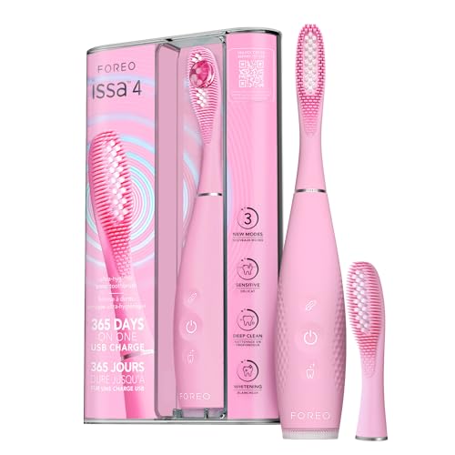 FOREO ISSA 4 Electric Toothbrush – 4-in-1 Rechargeable with Extra Brush Head, Soft Bristles, Long-Lasting Use, Gentle Cleaning - Pearl Pink