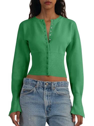 Image of Saodimallsu Womens Cropped Sweaters Cardigan | Button Down,Long Sleeve,V Neck,Ribbed Knit,Slim Fit ,Pullover Crop Tops